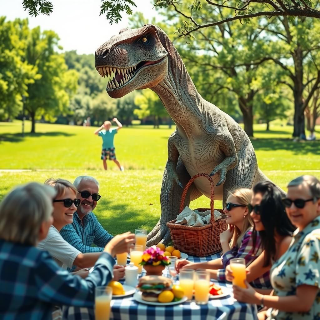 A peaceful family picnic with a *T-Rex* Photobomb