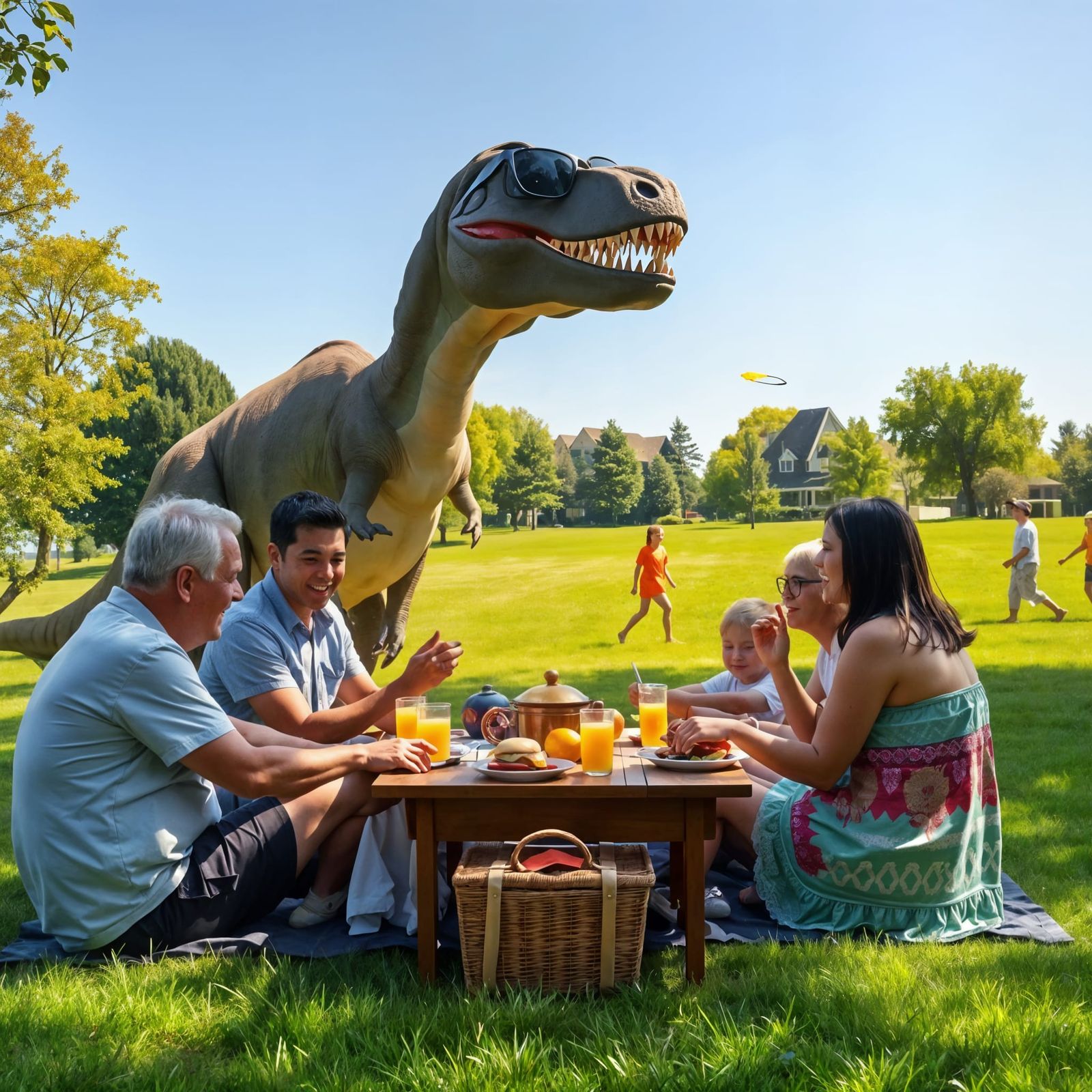 A peaceful family picnic with a *T-Rex* Photobomb