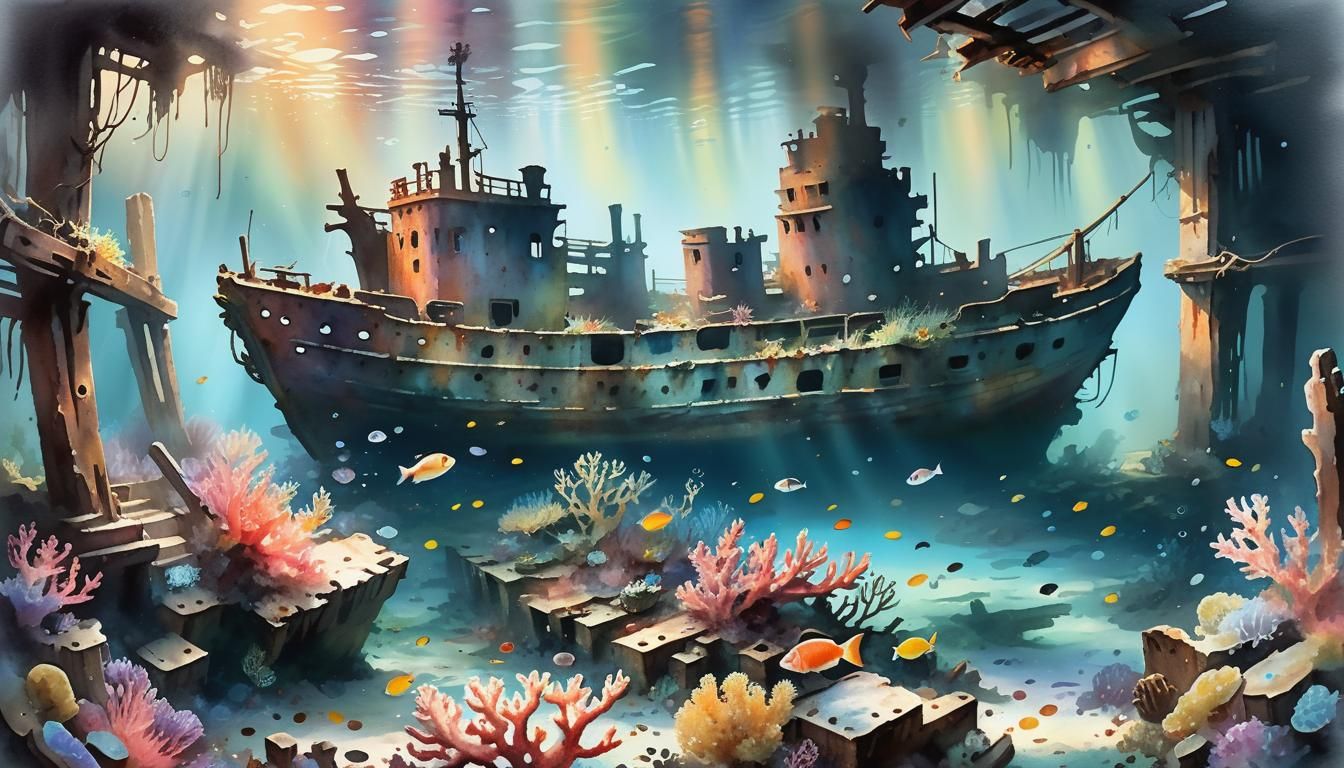 Sunken Ship in Impressionist Underwater Landscape
