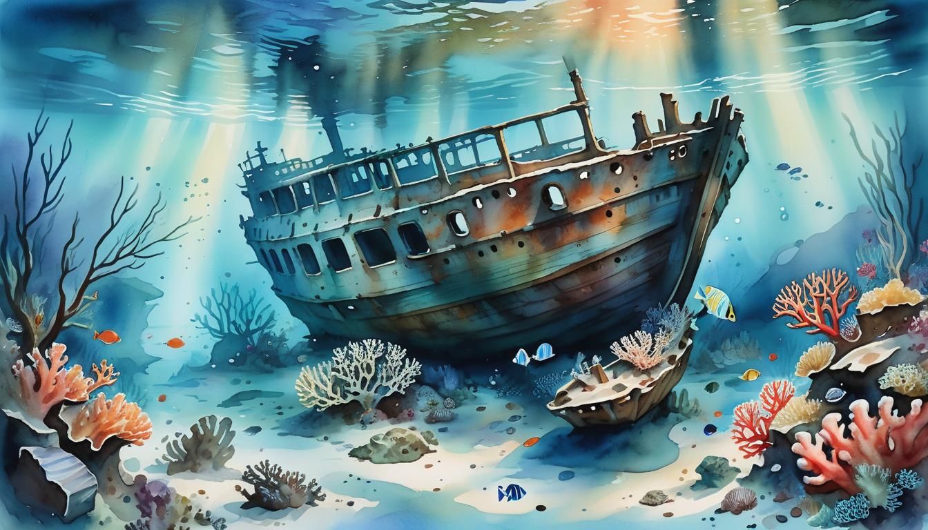 Sunken Ship: A Serene Underwater Watercolor Scene