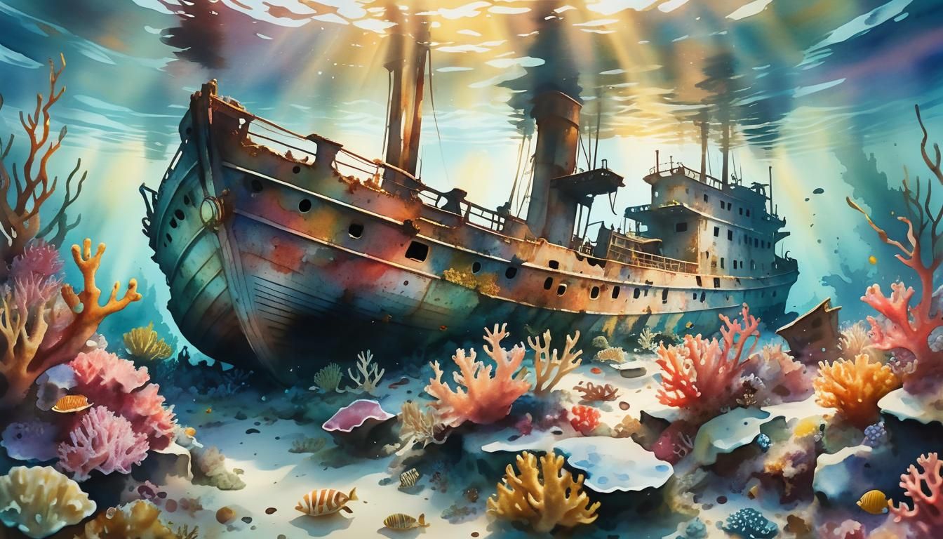 Sunken Ship in Coral, Watercolor Painting