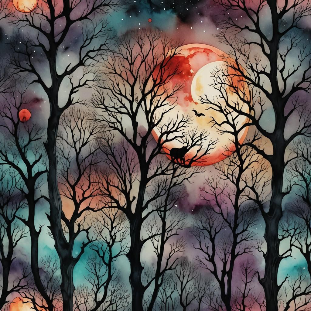 Dire Wolf Howling at Blood Moon in Burton Style