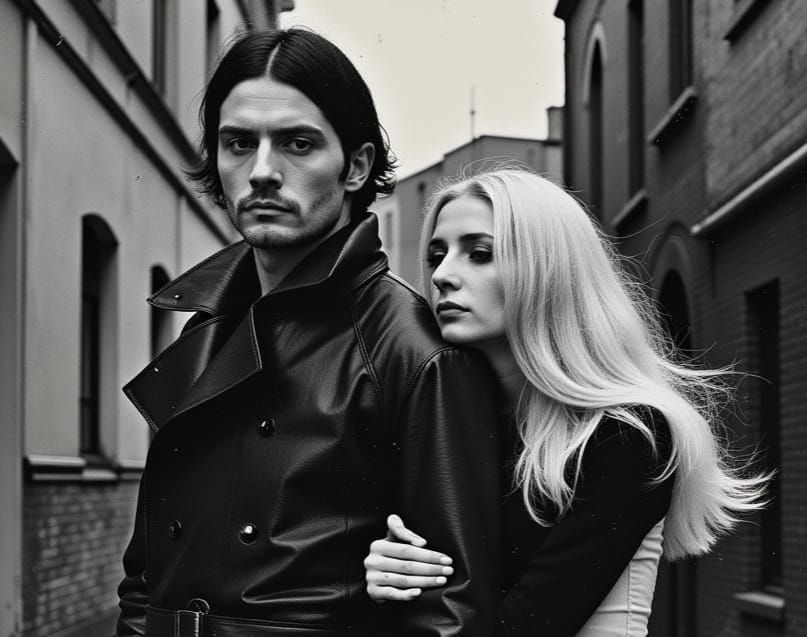 Edgy 80s Punk Couple Embracing in Urban Landscape