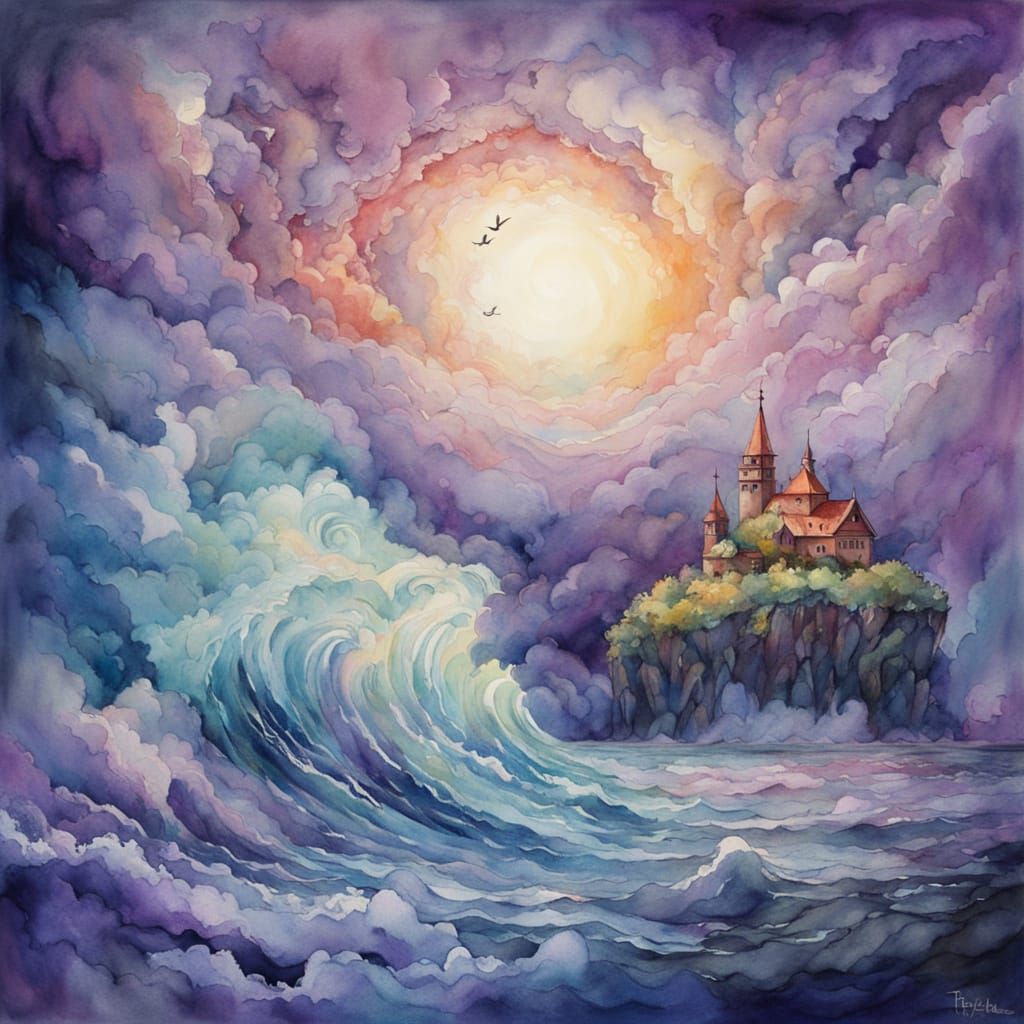 Purple Cyclops Soars over Ocean in Dreamy Watercolor