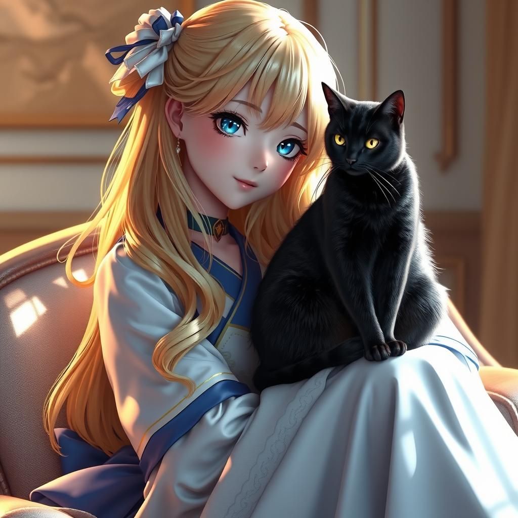 Blonde Girl with Black Cat in 3D Anime Style
