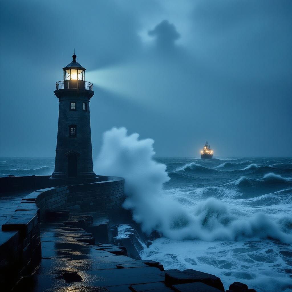 Lighthouse in Stormy Seas with Dramatic Ship Lighting