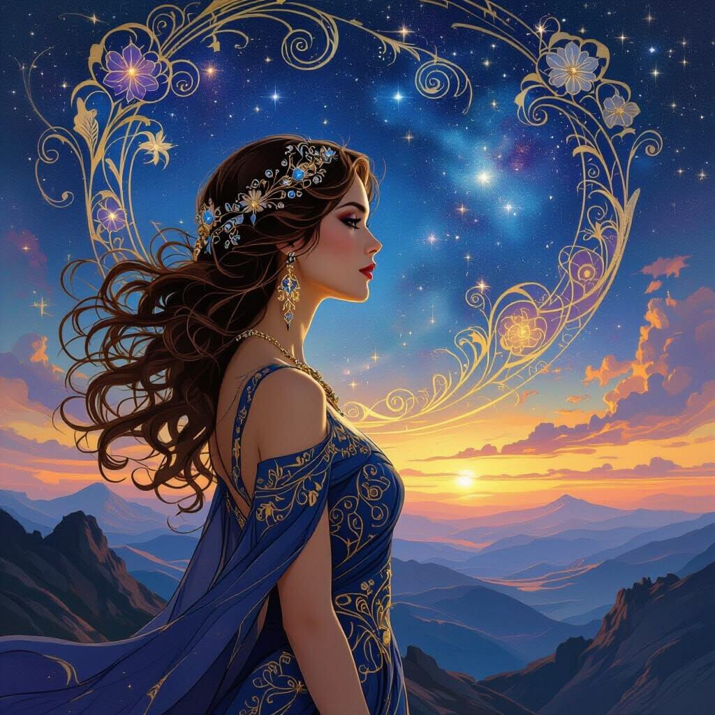 Art Nouveau Woman on Mountaintop Overlooking Cosmic Nebula