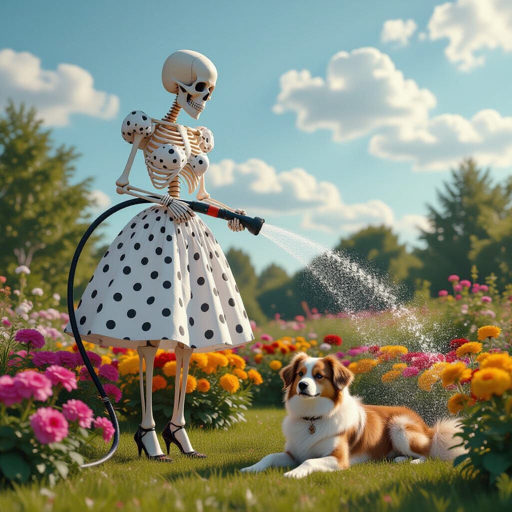 Skeleton Woman Waters Flowers in Sunny Garden