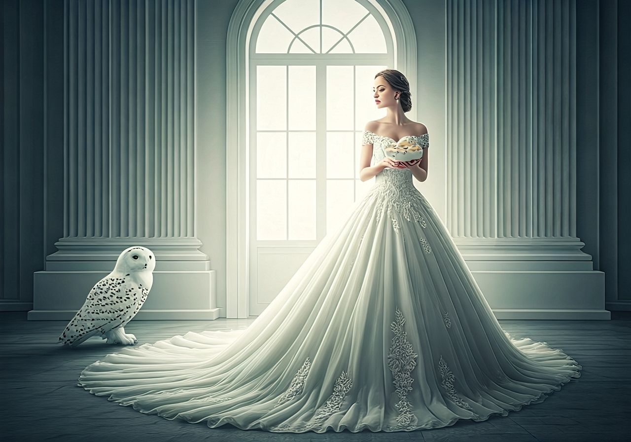 Bride in White Hall with Snowy Owl and Ice Cream