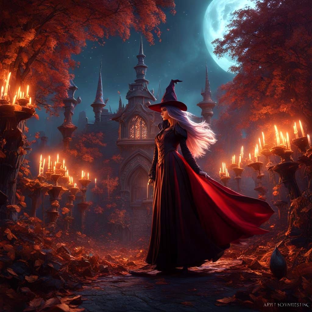 Fantasy Witch Among Candles: Detailed Matte Painting