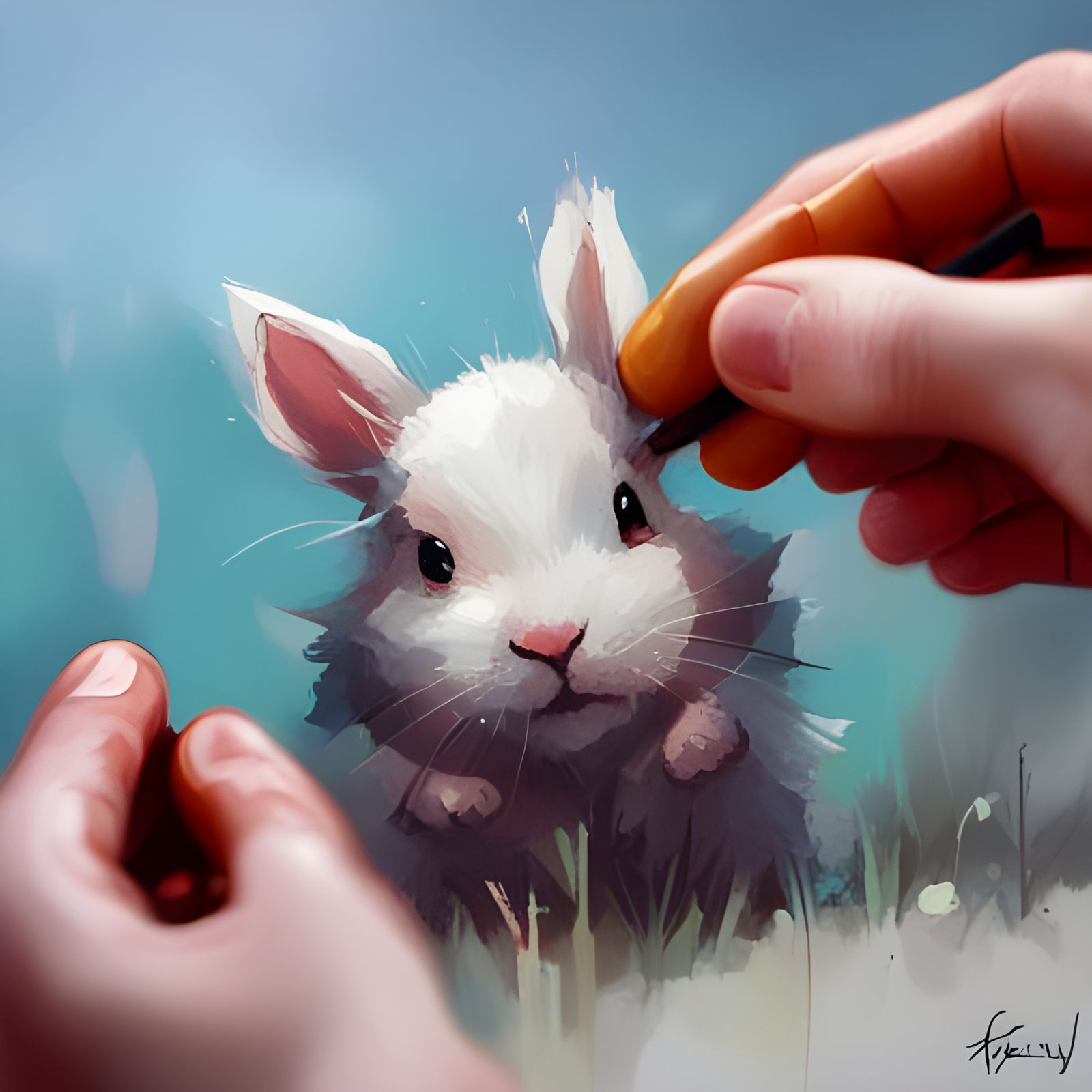 Fluffy Baby Bunny Portrait in Digital Art Style