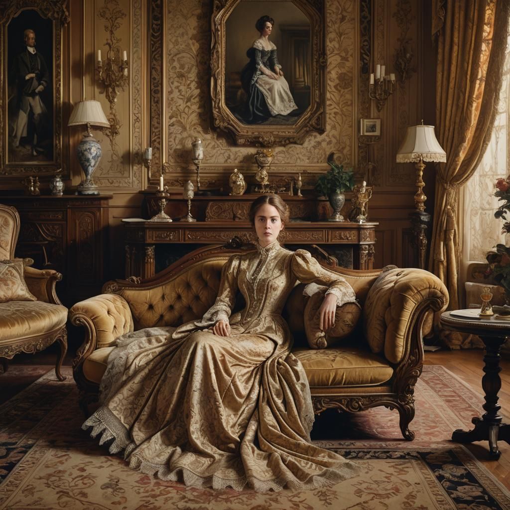 Victorian Woman in Opulent Bedroom, Hyperrealistic Style