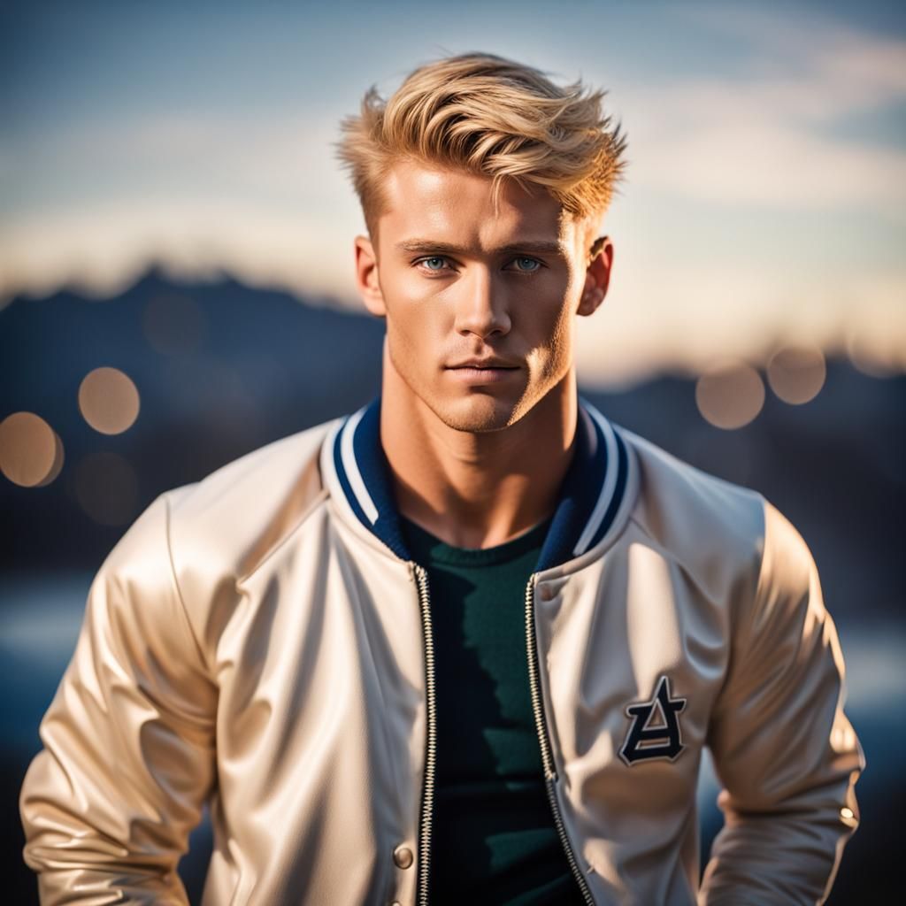 Handsome Shirtless Man in Varsity Jacket Photo