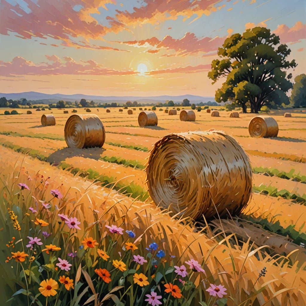 Golden Hayfields in Impressionist Style