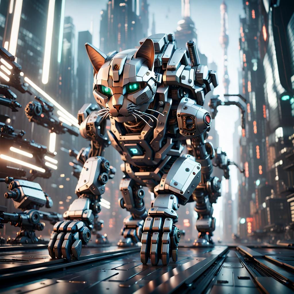 Futuristic Sci-Fi Cat Mech Warrior in City