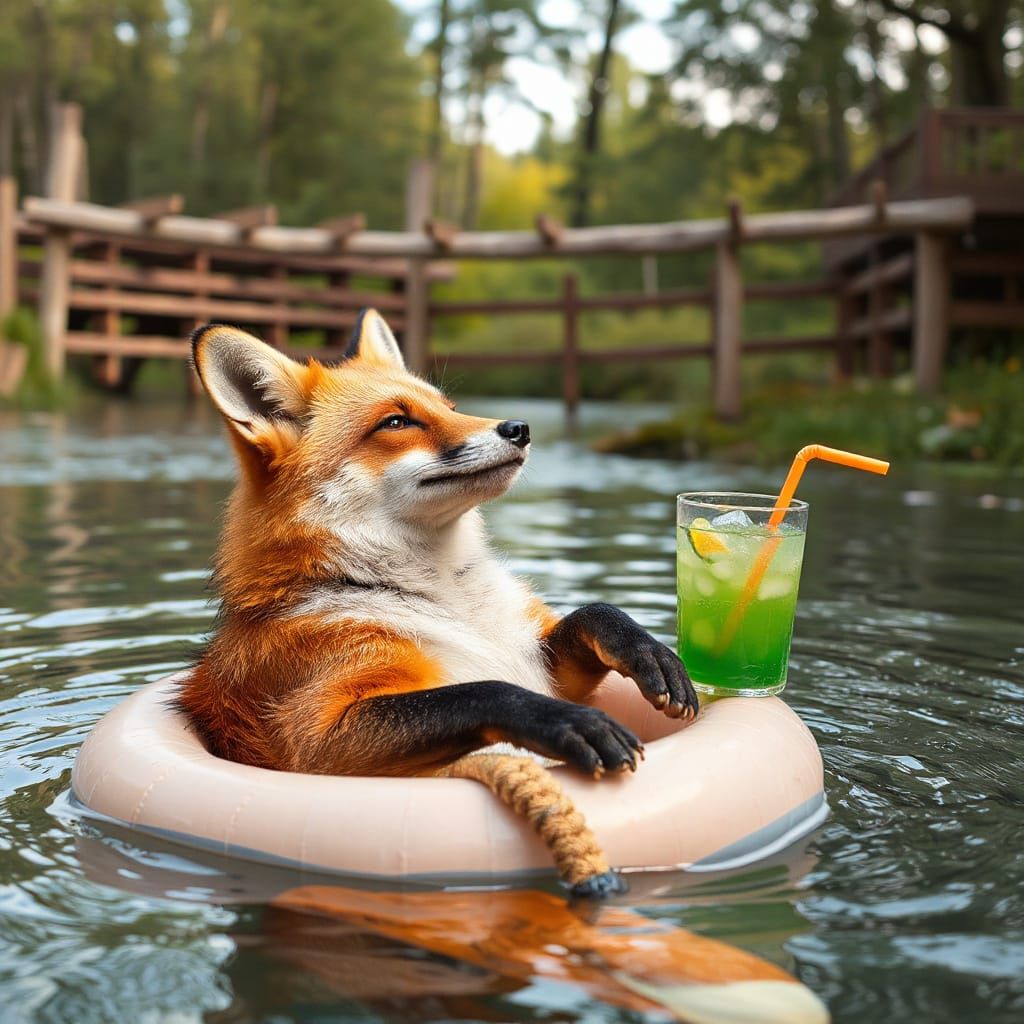 Fox Relaxing on Lazy River With Drink