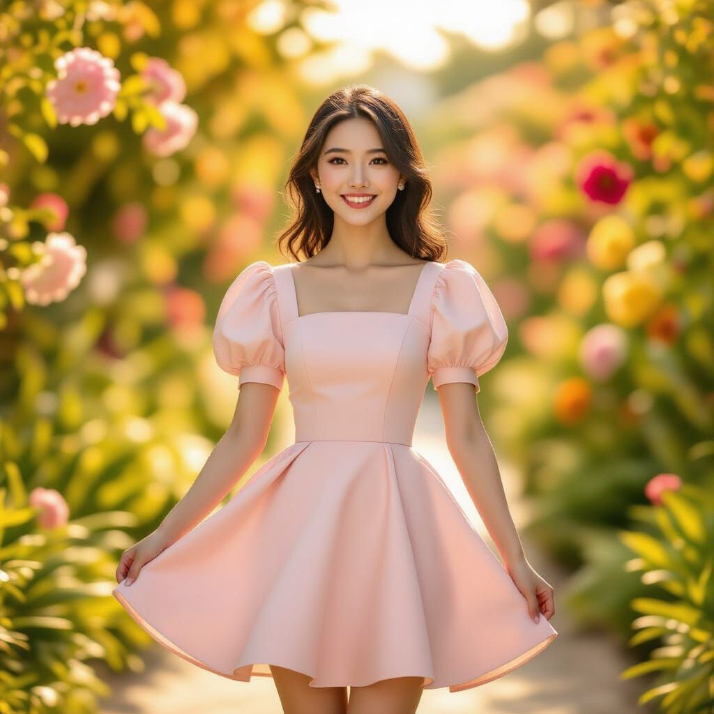 Asian Woman in Pastel Pink Dress in Floral Garden