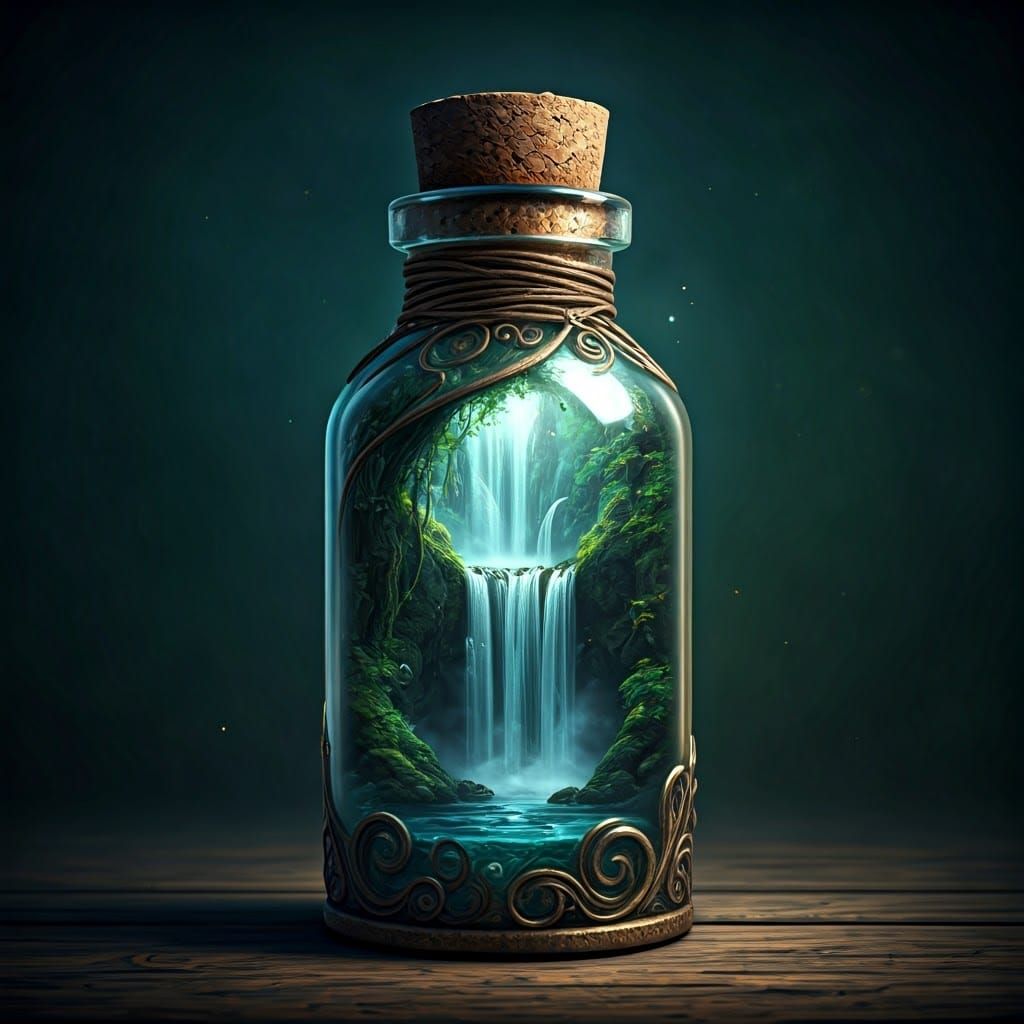 Mystical Waterfall in Ornate Glass Bottle