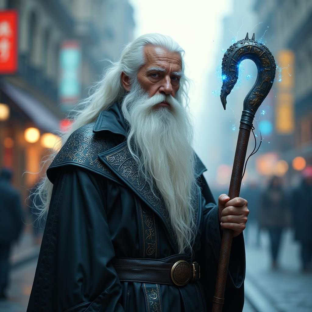 Modern Wizard with High-Tech Staff in Cityscape