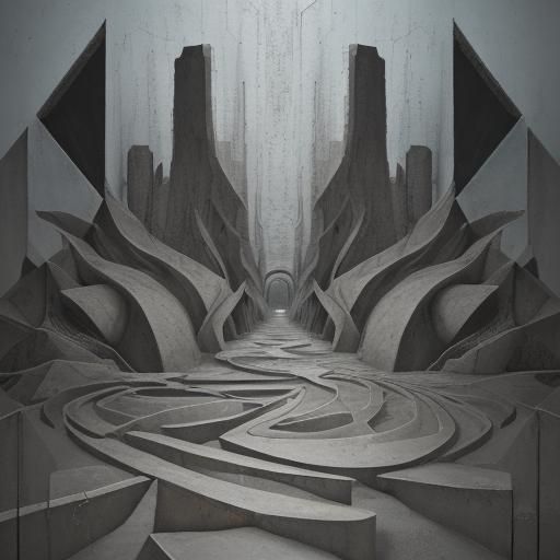 Two destinations, abstract, textured composition, cement, art brut, two blurred, uncertain paths. Eldritch brutalism geo...