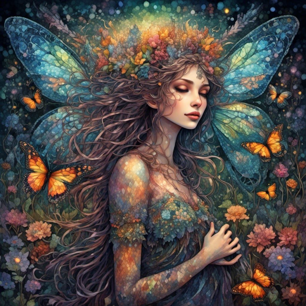 Neon Fairy Above Bioluminescent Meadow, Digital Painting