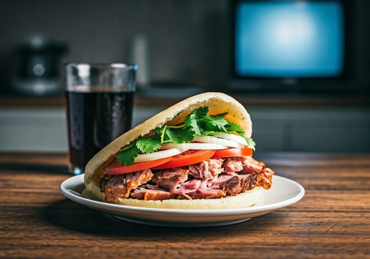 Crispy Arepa with Pernil in Cinematic Lighting