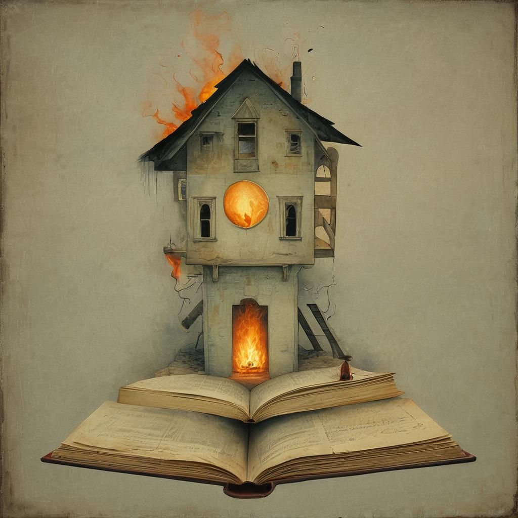 House Stands Amid Fire: Surreal Spectral Child Art