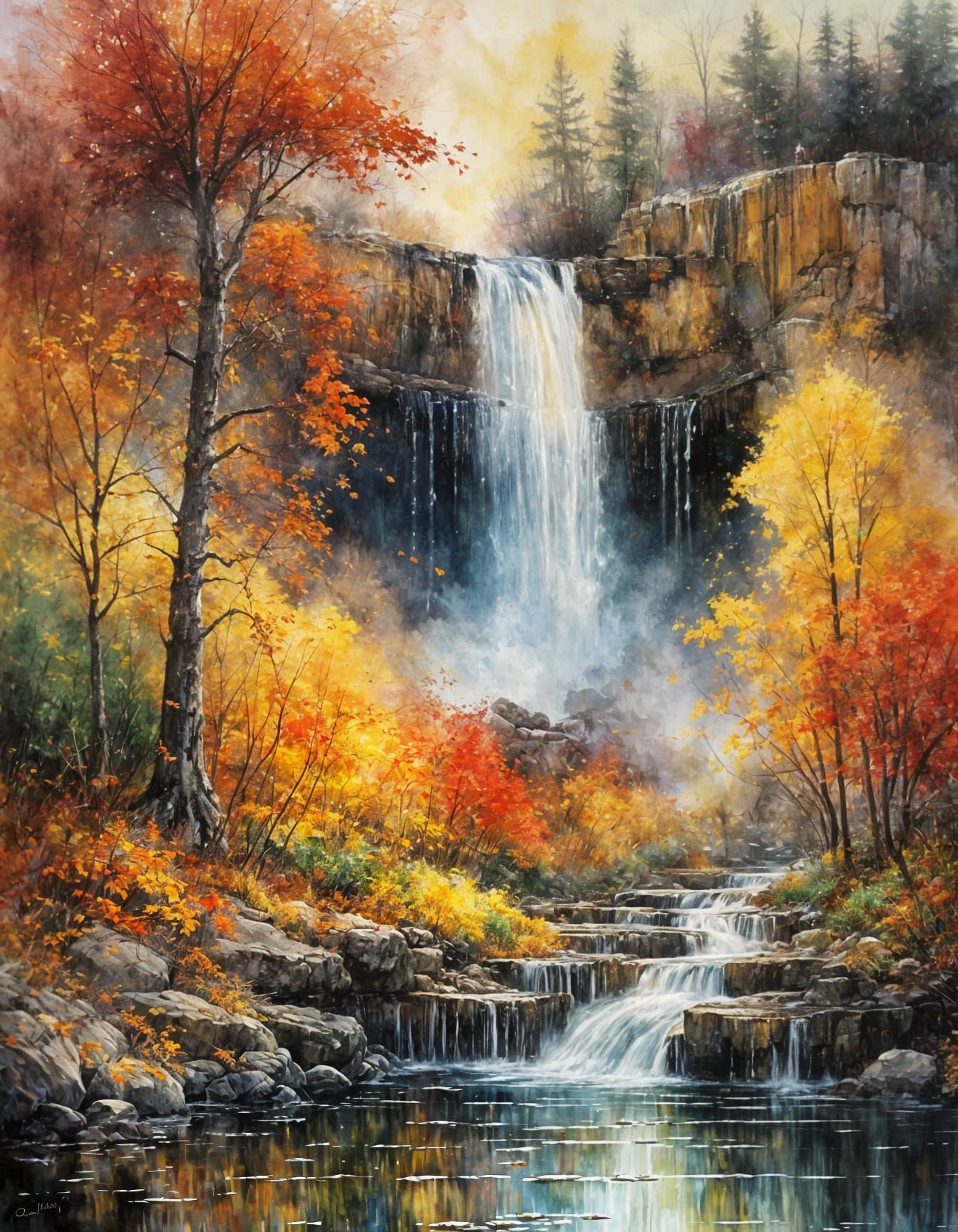 Whimsical Autumn Waterfall Watercolor Painting