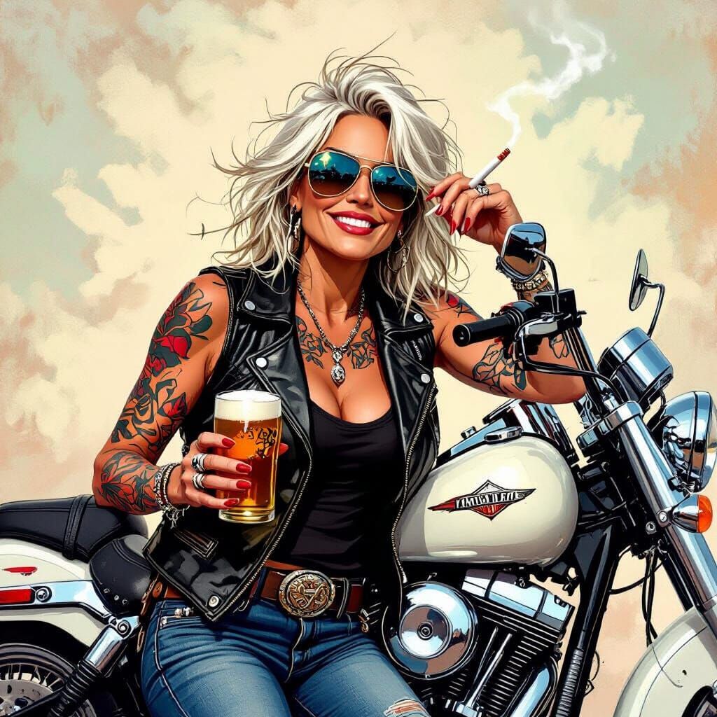 Biker Chick Leaning on Harley with Beer and Cigarette