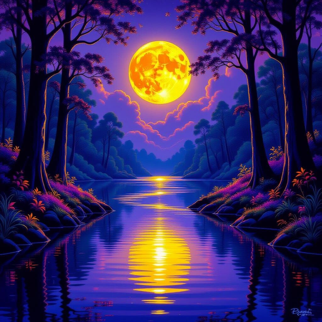 Mystical Moonlit Path Through Glowing Forest