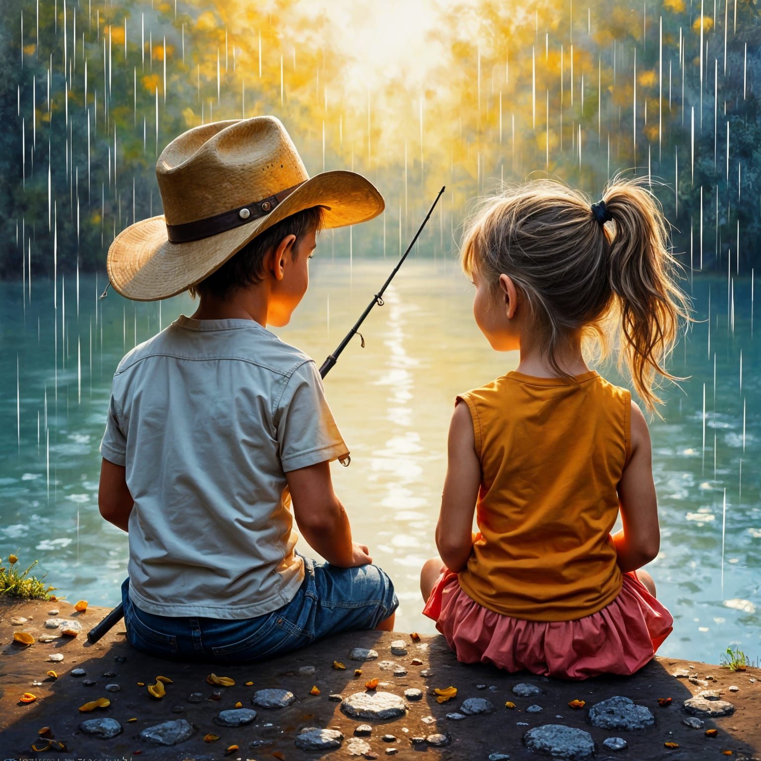 Children Fishing in Rain, Impasto Oil Painting