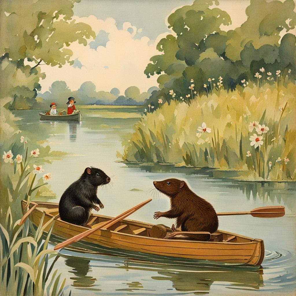 Mole and Water Vole in Rowing Boat, Gouache