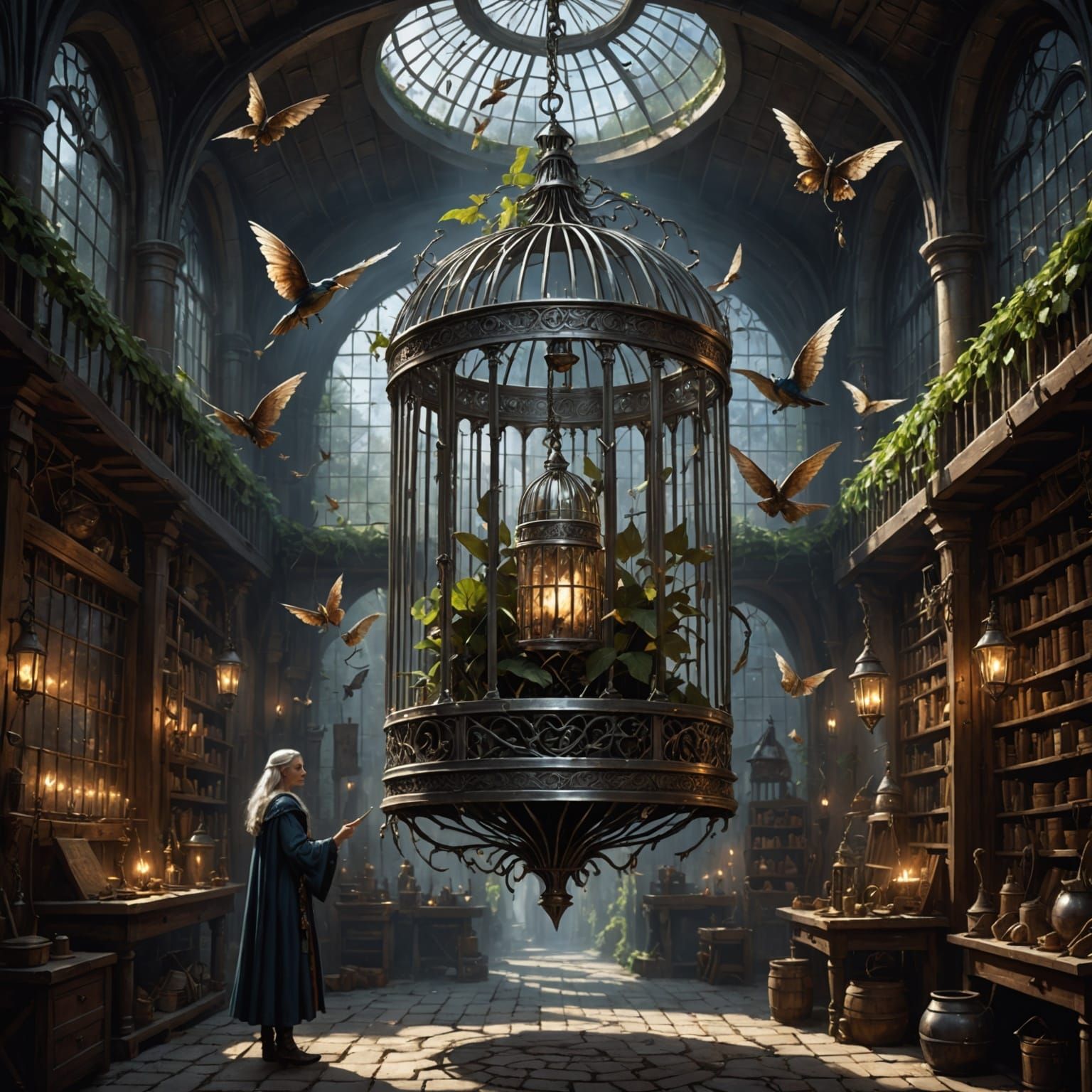 Fantasy Art: Elf Woman Captures Leaf Loincloth in Bird Cage