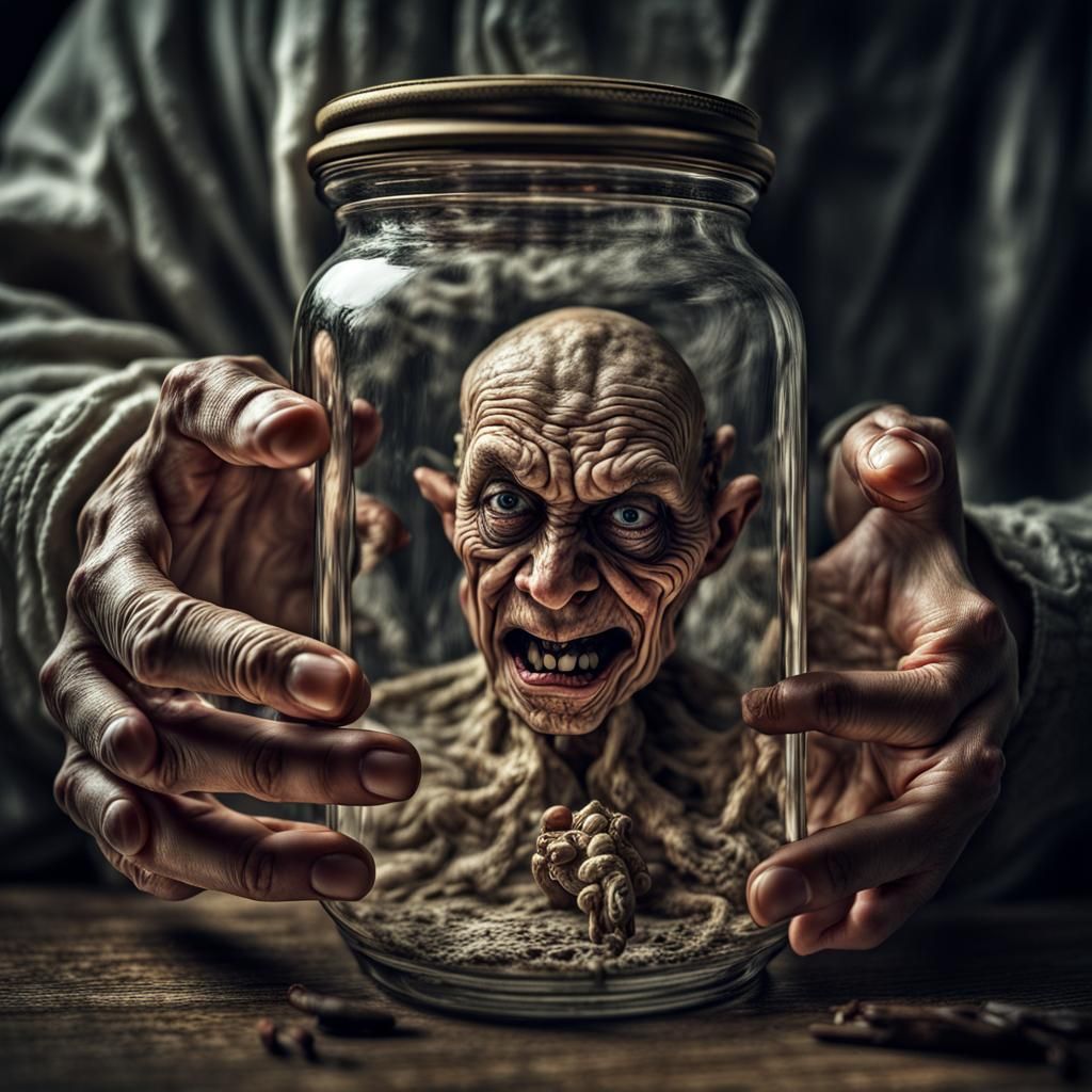 Grotesque Figure Attempts to Open Jar