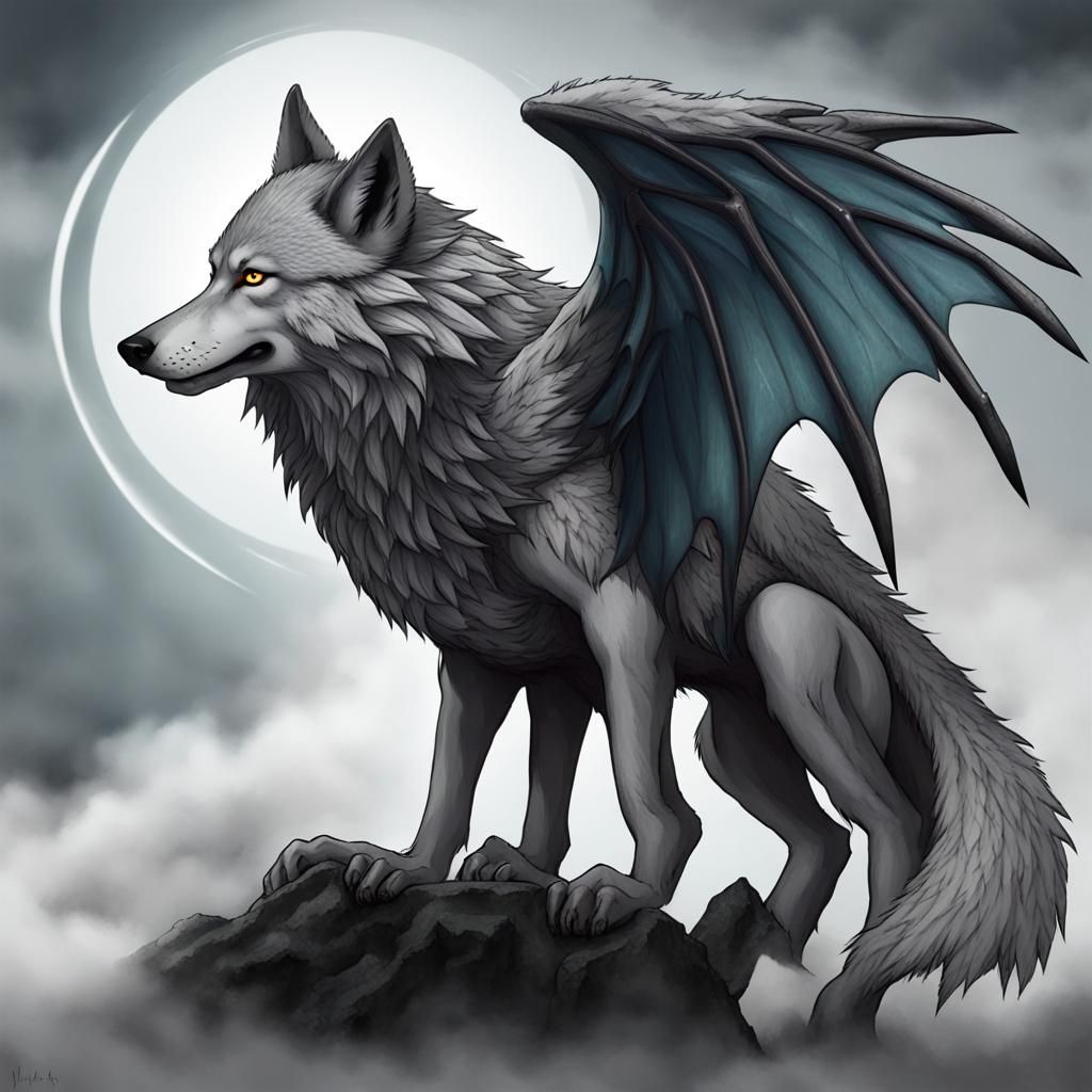Wolf with Dragon Wings Fantasy Creature