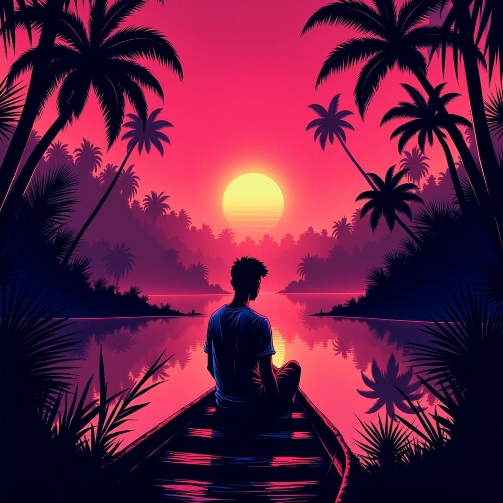 Jungle River Sunset in Retrowave Art Style