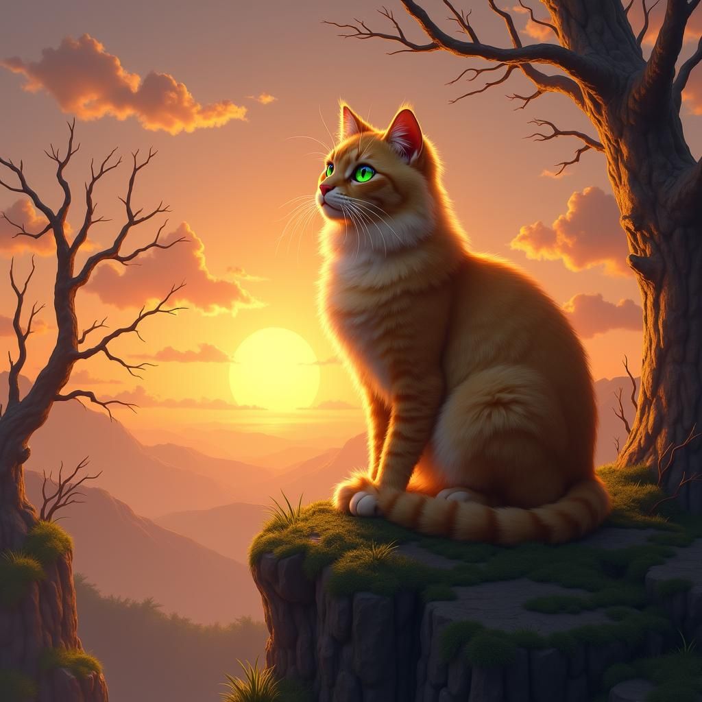 Golden Cat Sunset: A Digital Fantasy Painting