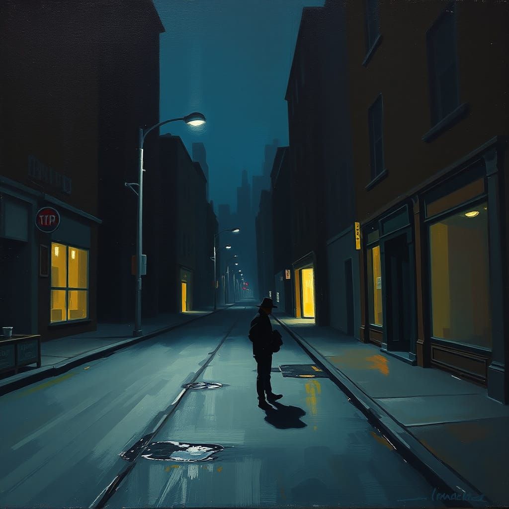 Solitary Figure in Moody Urban Twilight Oil Painting