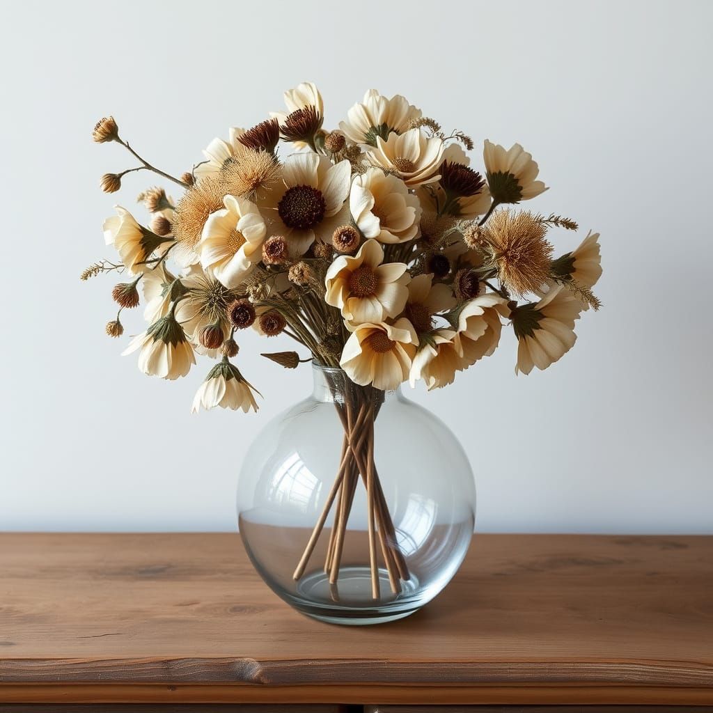 Ethereal Wilted Blooms in Rustic Glass Vase