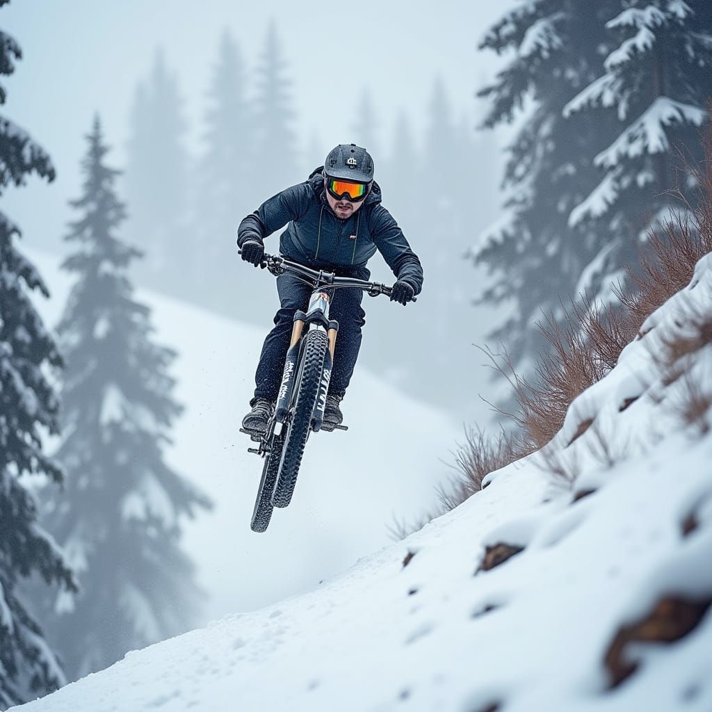 Mountain Biker in Mid-Air, Soaring Down a Treacherous Snowy ...