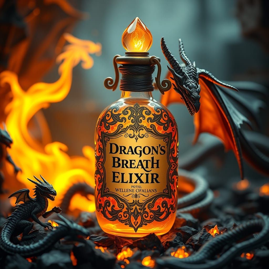 Picture a potion bottle labeled "Dragon's Breath Elixir - Warning: May cause excessive fire-breathing and spontaneous co...