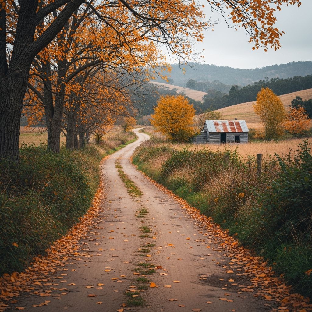 Autumn Dirt Road to Rustic Shack, American Realism Style