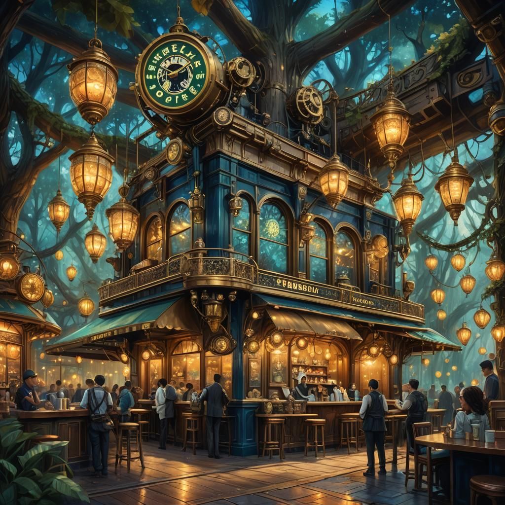 Steampunk Starbucks in Mystical Forest: Fantasy Concept Art