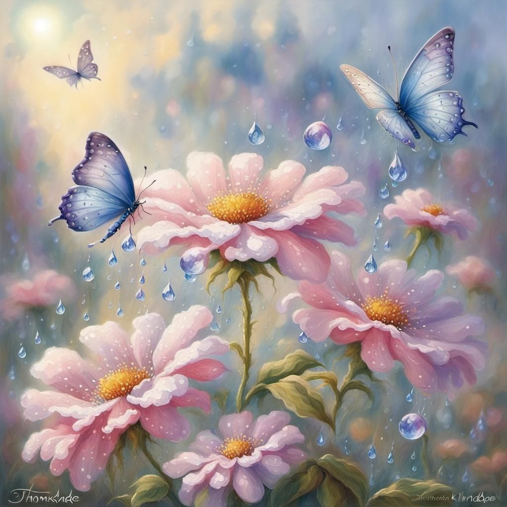 Pastel Flowers and Butterflies in Ethereal Sunlight
