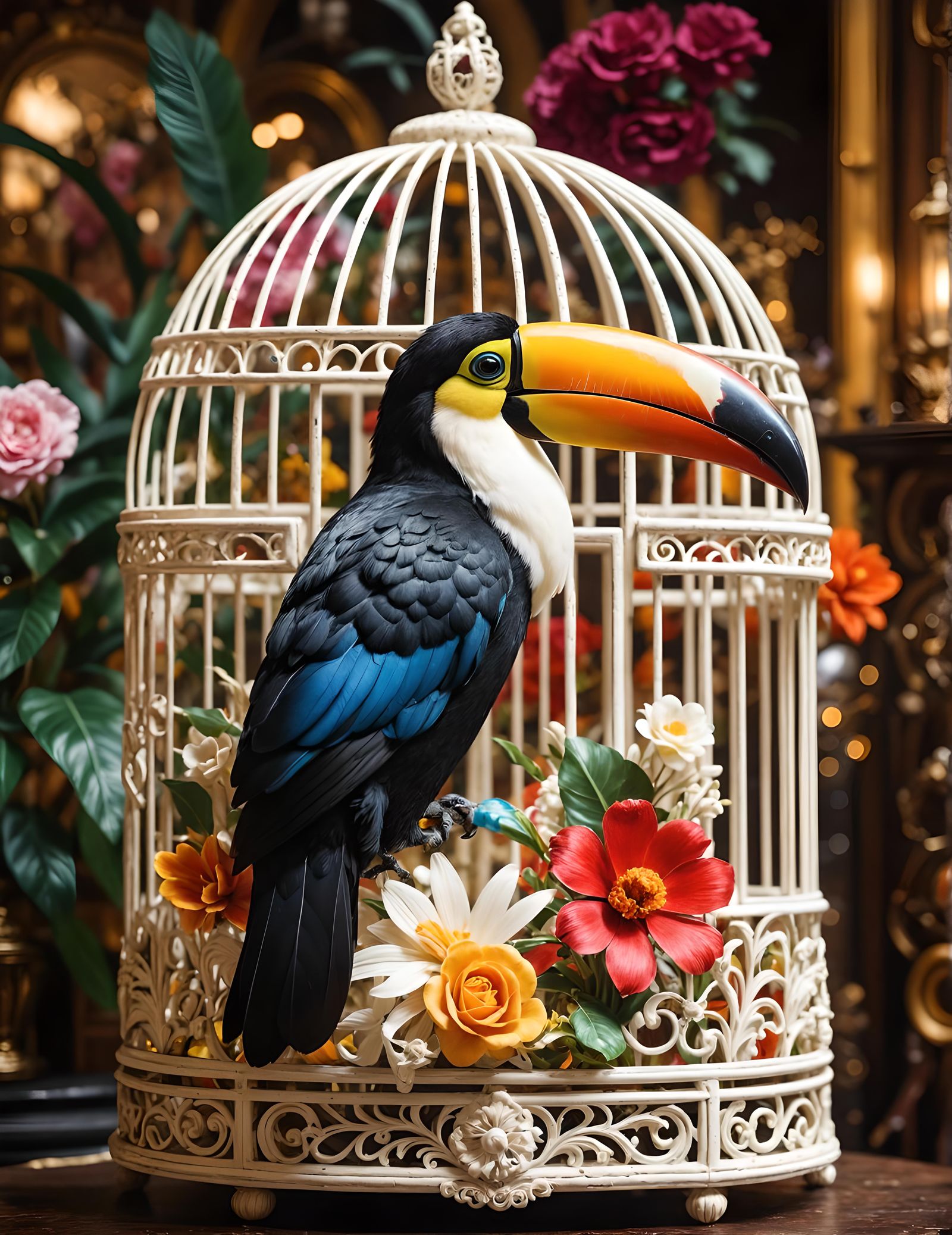 Colorful Toucan in Intricate Victorian Cage