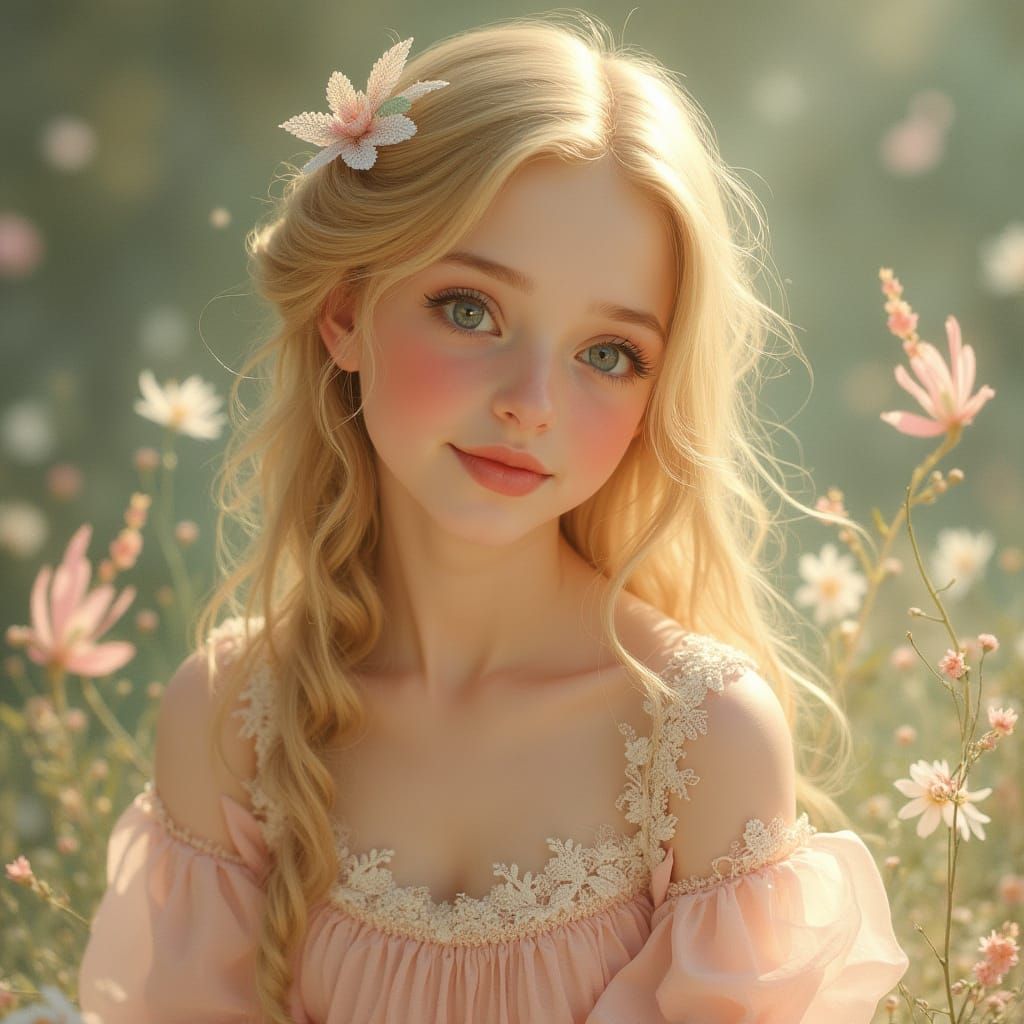 Whimsical Blonde Woman Radiates Kindness in Dreamlike Settin...