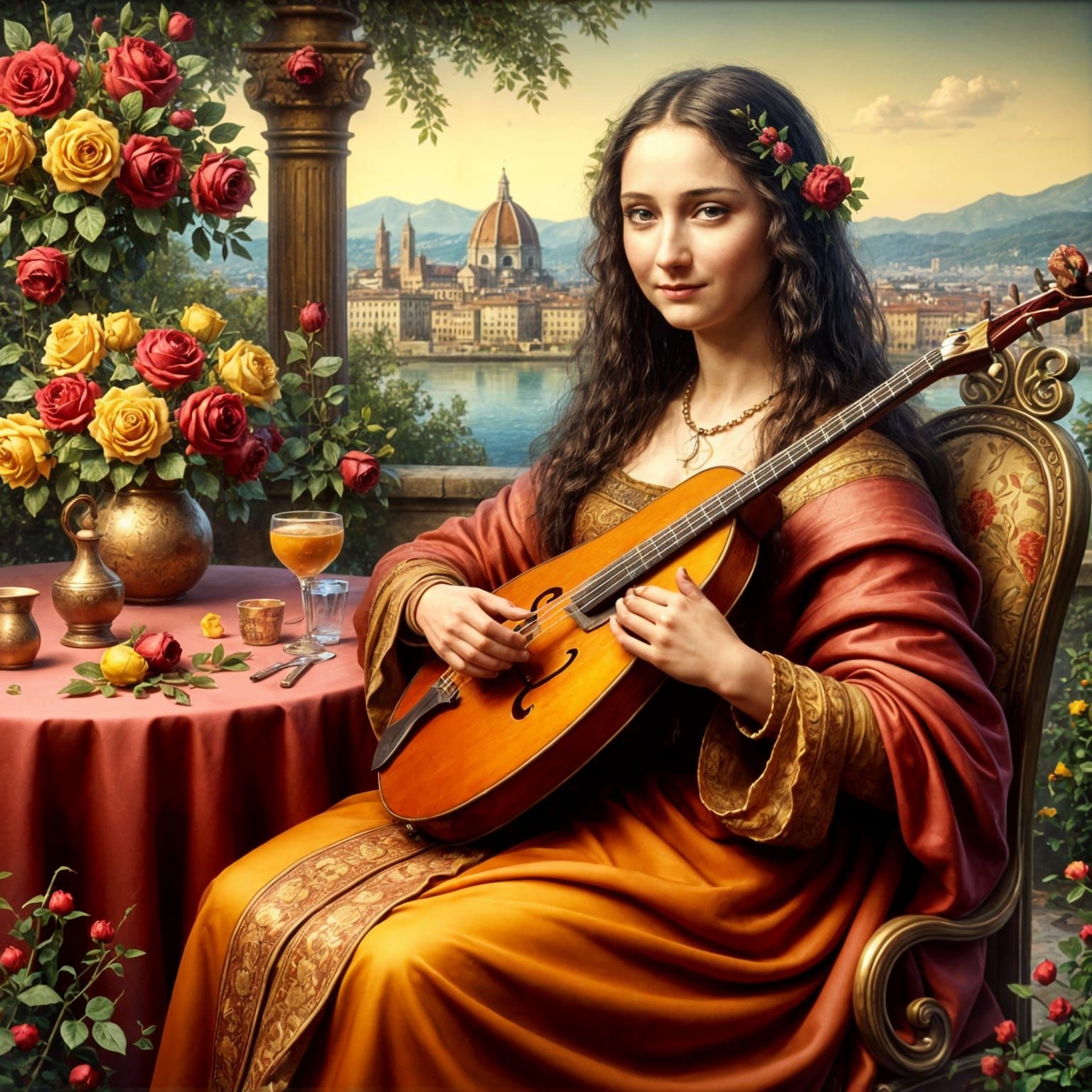 Mona Lisa Plays Viola in Renaissance Florence Restaurant