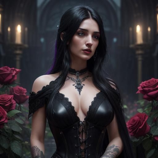 Woman with Rose Tattoo in Dark Fantasy Style