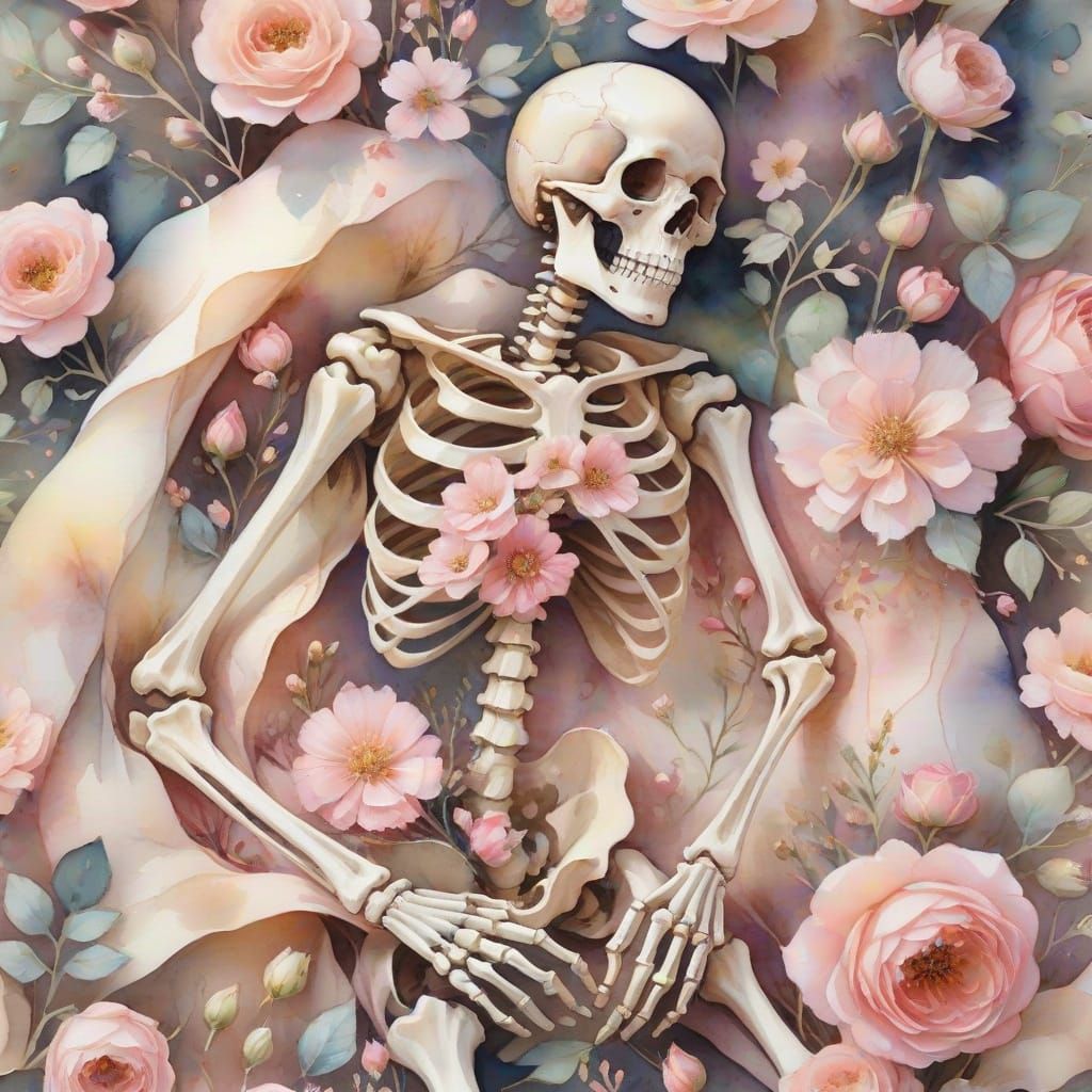Ethereal Skeleton Among Roses in Watercolor