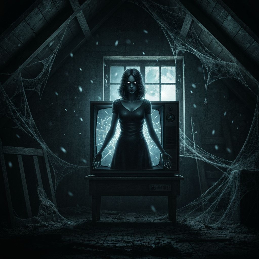 Spectral Figure Emerges from Cracked TV in Dusty Attic